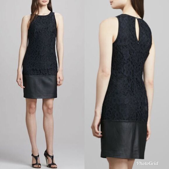 Trina Turk Black Lace Dress Leather Trim Sleeveless Keyhole Mini  139230 amyas - Picture 1 of 11